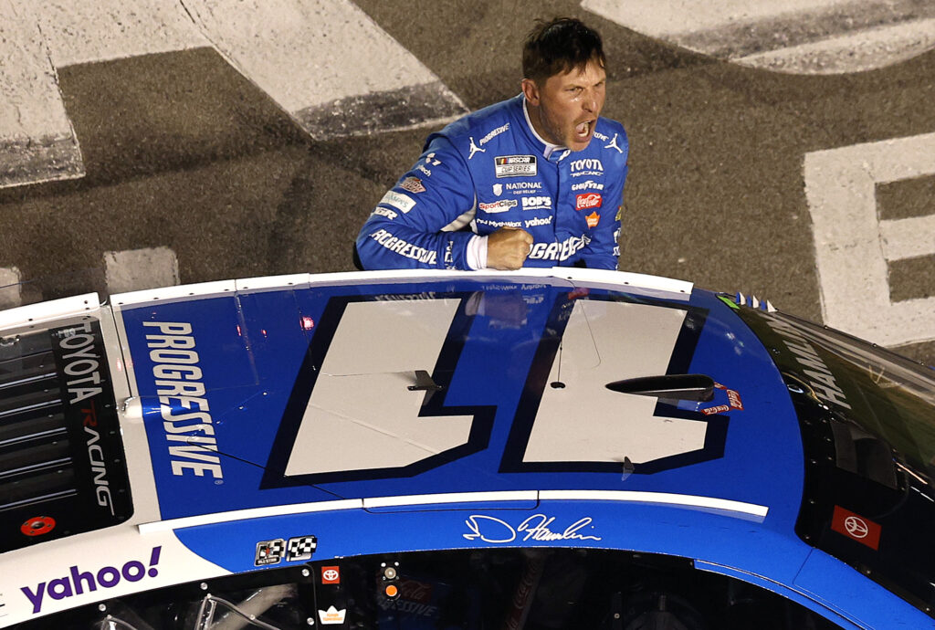 LEBANON, TENNESSEE - MAY 31: Denny Hamlin, driver of the #11 Progressive Insurance Toyota, reacts after winning the NASCAR Cup Series Cracker Barrel 400 at Nashville Superspeedway on May 31, 2026 in Lebanon, Tennessee. (Photo by Sean Gardner/Getty Images)