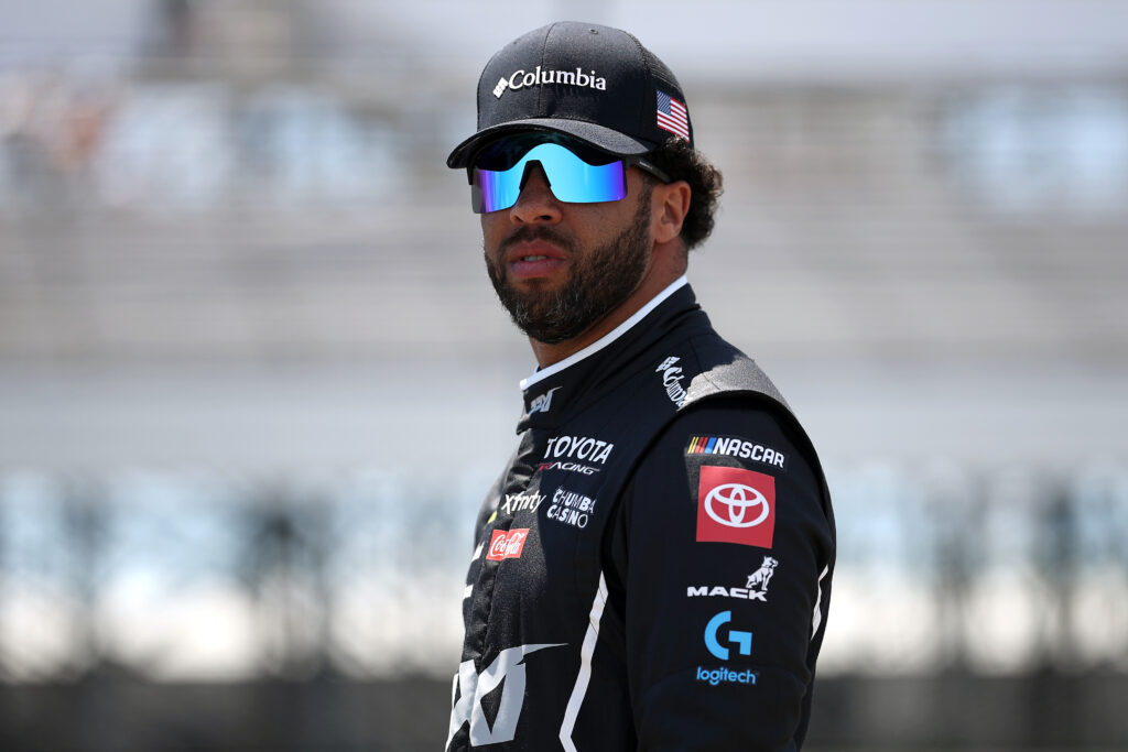 LONG POND, PENNSYLVANIA - JUNE 13: Bubba Wallace, driver of the #23 SHADYRAYS Toyota, looks on during practice for the NASCAR Cup Series Great American Getaway 400 presented by VISITPA at Pocono Raceway on June 13, 2026 in Long Pond, Pennsylvania. (Photo by James Gilbert/Getty Images)