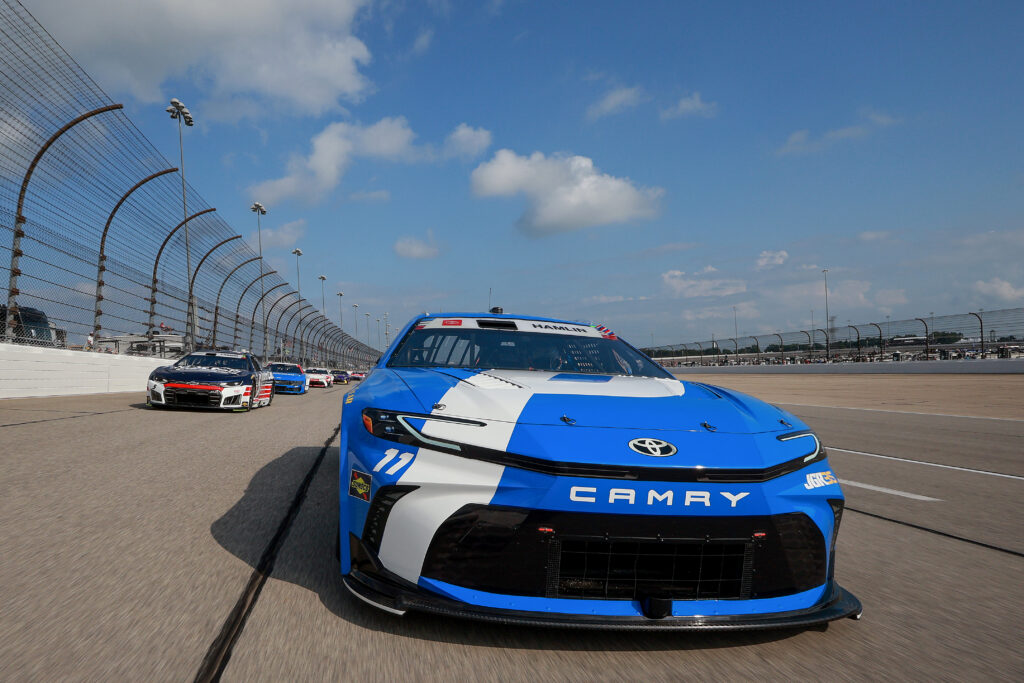 Denny Hamlin, driver of the #11 Progressive Insurance Toyota, leads the field on a pace lap prior to the NASCAR Cup Series eero 400 at Chicagoland Speedway on July 05, 2026 in Joliet, Illinois. (Photo by James Gilbert/Getty Images)