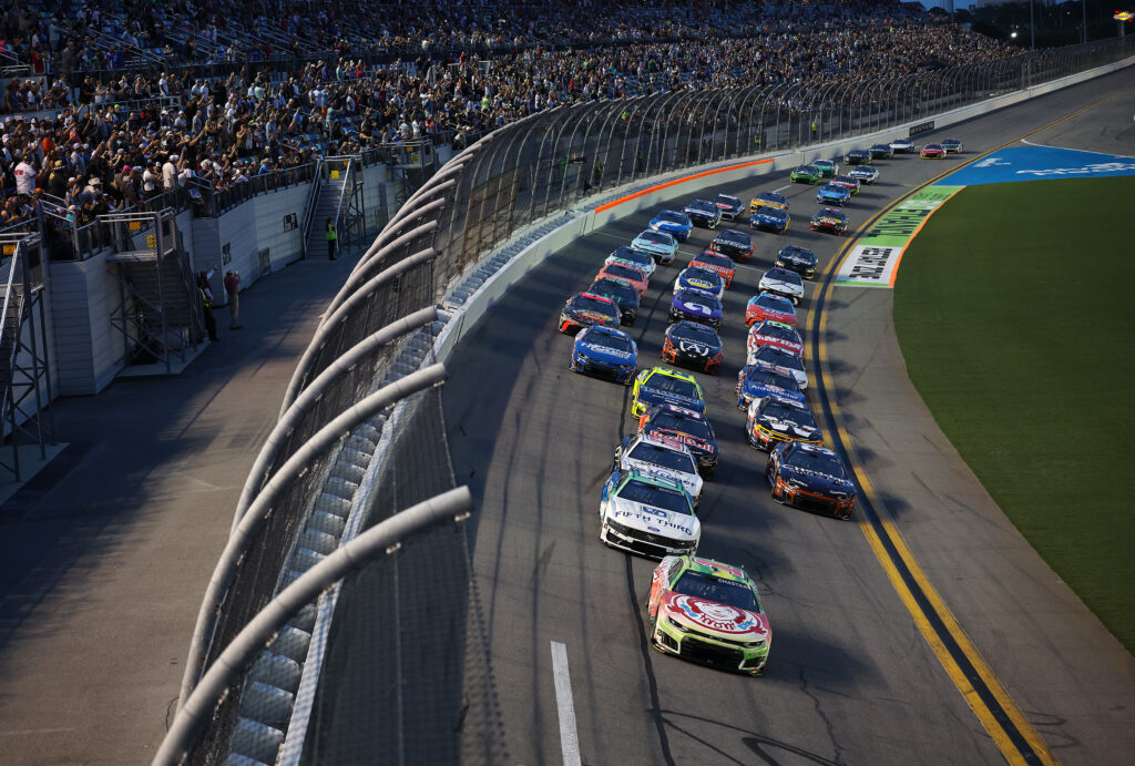 Ross Chastain, driver of the #1 Wendy's Watermelon Lemonade Chevrolet, leads the field during the NASCAR Cup Series Coke Zero Sugar 400 at Daytona International Speedway on August 29, 2026 in Daytona Beach, Florida. (Photo by James Gilbert/Getty Images)