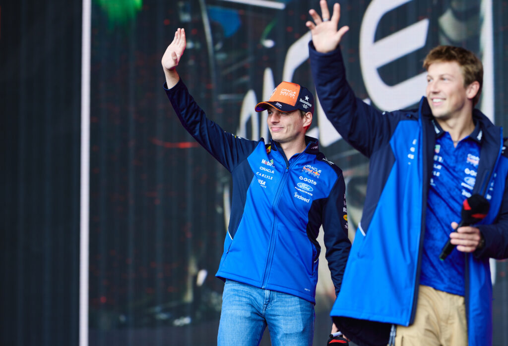 Max Verstappen and Liam Lawson on stageahead of the F1 Grand Prix of Netherlands at Circuit Zandvoort on August 21, 2026 in Zandvoort, Netherlands. (Photo by Guido De Bortoli/Getty Images/Red Bull Content Pool)
