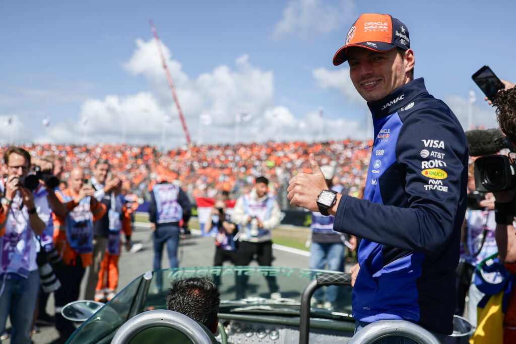 Max Verstappen of the Netherlands and Oracle Red Bull Racing on the drivers parade prior to the F1 Grand Prix of Netherlands at Circuit Zandvoort on August 23, 2026 in Zandvoort, Netherlands. (Photo by Mark Thompson/Getty Images)
