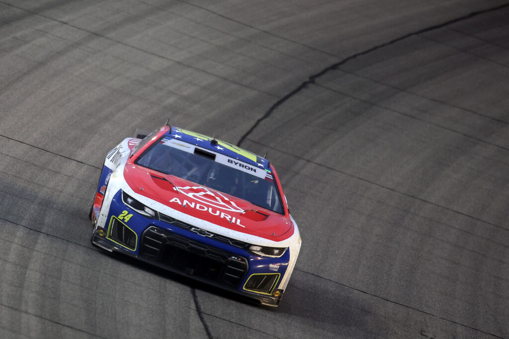 JOLIET, ILLINOIS - JULY 05: William Byron, driver of the #24 Anduril Chevrolet, drives during the NASCAR Cup Series eero 400 at Chicagoland Speedway on July 05, 2026 in Joliet, Illinois. (Photo by Jonathan Bachman/Getty Images)