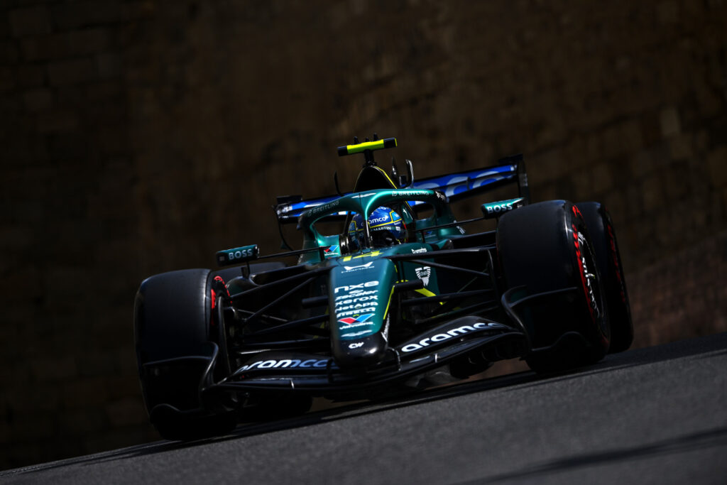 Fernando Alonso of Spain driving the (14) Aston Martin F1 Team AMR26 Honda on track during final practice ahead of the F1 Grand Prix of Azerbaijan at Baku City Circuit