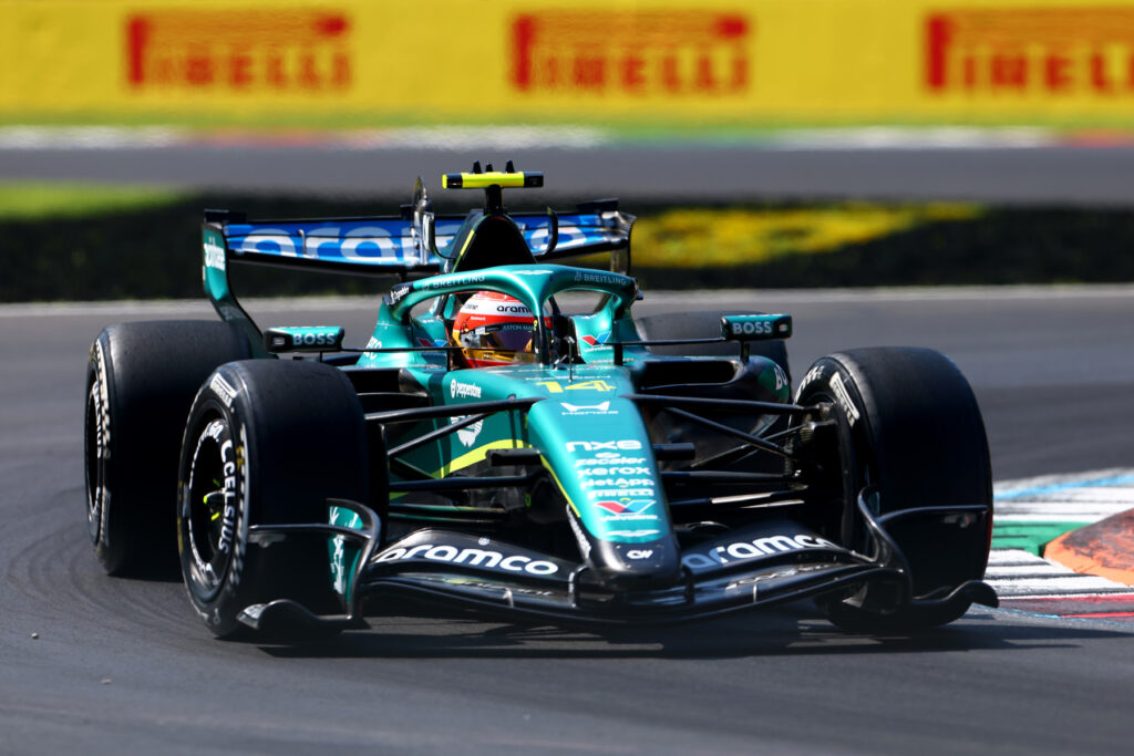 Fernando Alonso of Spain driving the (14) Aston Martin F1 Team AMR26 Honda on track during practice ahead of the F1 Grand Prix of Italy at Autodromo Nazionale Monza