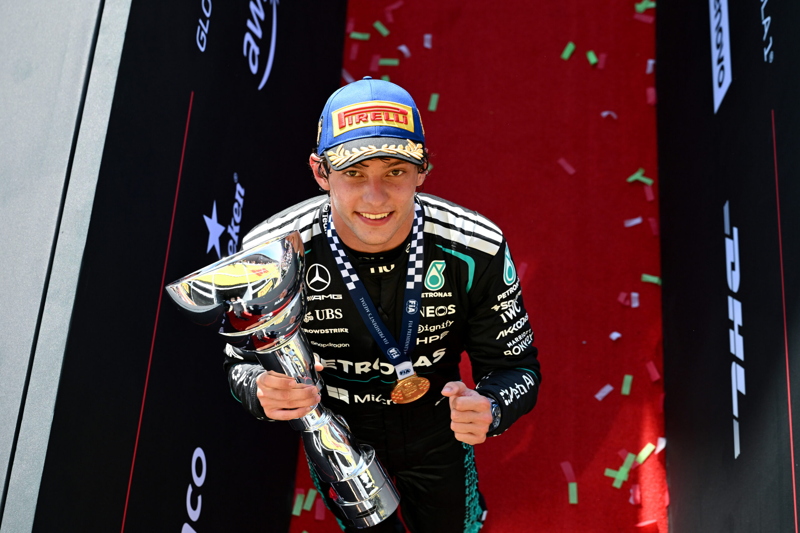 MONZA, ITALY - SEPTEMBER 06: Race winner Andrea Kimi Antonelli of Italy and Mercedes AMG Petronas F1 Team on the podium with his trophy during the F1 Grand Prix of Italy at Autodromo Nazionale Monza on September 06, 2026 in Monza, Italy. (Photo by Sam Bagnall/Sutton Images)