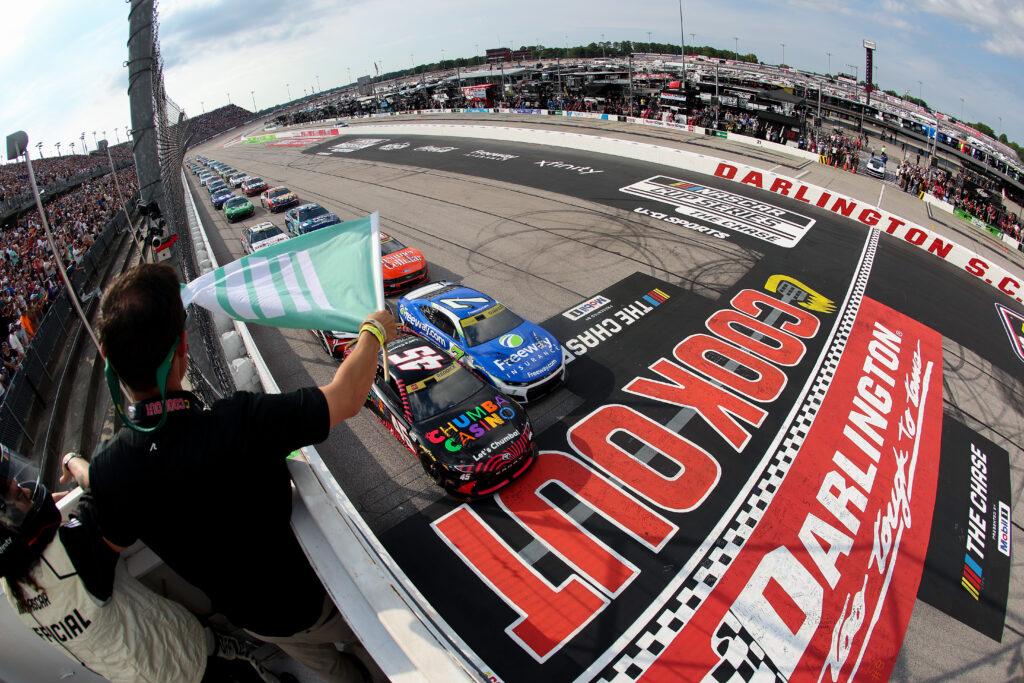 SEPTEMBER 06: Tyler Reddick, driver of the #45 Chumba Casino Toyota, leads the field to the green flag to start the NASCAR Cup Series Cook Out Southern 500 at Darlington Raceway on September 06, 2026 in Darlington, South Carolina. (Photo by James Gilbert/Getty Images)