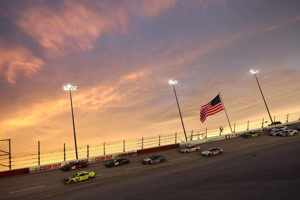 Ryan Blaney, driver of the #12 Menards/Richmond Water Heaters Ford, and Tyler Reddick, driver of the #45 Chumba Casino Toyota, race during the NASCAR Cup Series Cook Out Southern 500 at Darlington Raceway on September 06, 2026 in Darlington, South Carolina. (Photo by Meg Oliphant/Getty Images)