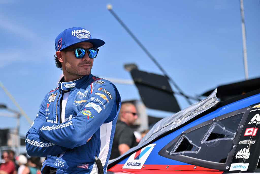MADISON, ILLINOIS - SEPTEMBER 13: Kyle Larson, driver of the #5 HendrickCars.com Chevrolet, waits on the grid prior to the NASCAR Cup Series Enjoy Illinois 300 at WWT Raceway on September 13, 2026 in Madison, Illinois. (Photo by Amy Kontras/Getty Images)