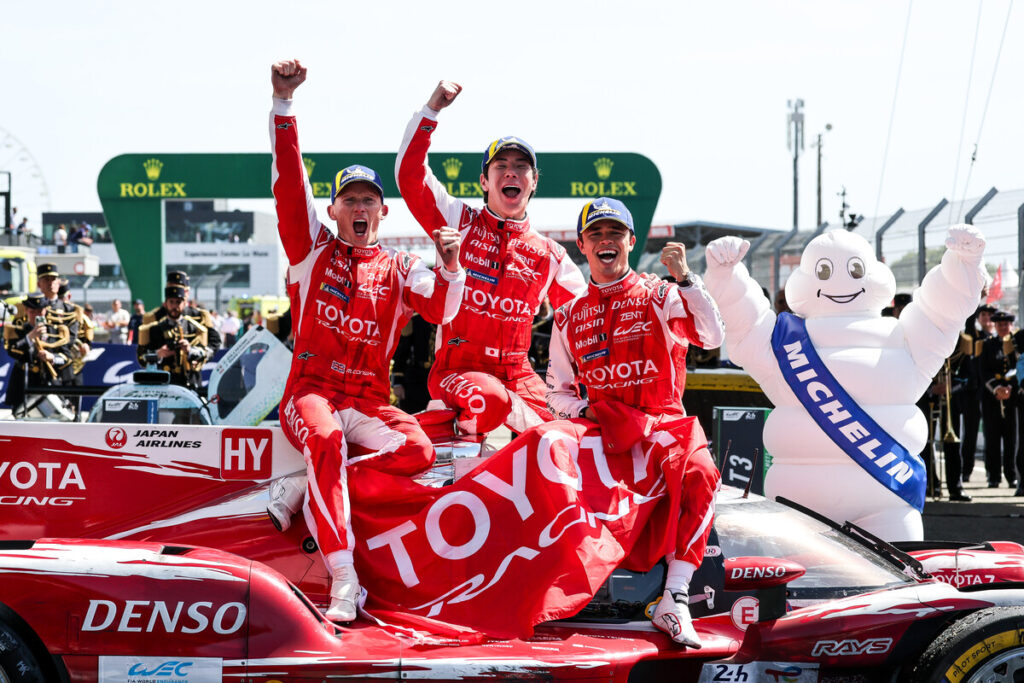 Conway wins the 24 Hours of Le Mans with Kamui Kobayashi and Nyck de Vries in the #7 Toyota.