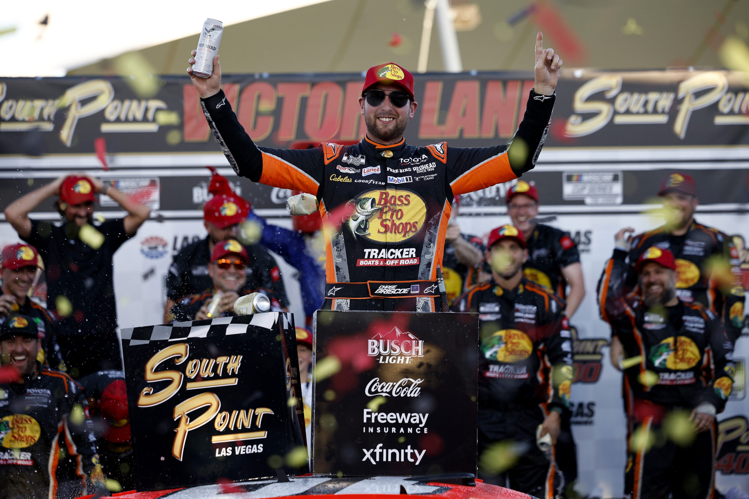 LAS VEGAS, NEVADA - OCTOBER 04: Chase Briscoe, driver of the #19 Bass Pro Shops Toyota, celebrates in victory lane after winning the NASCAR Cup Series South Point 400 at Las Vegas Motor Speedway on October 04, 2026 in Las Vegas, Nevada. (Photo by Sean Gardner/Getty Images)
