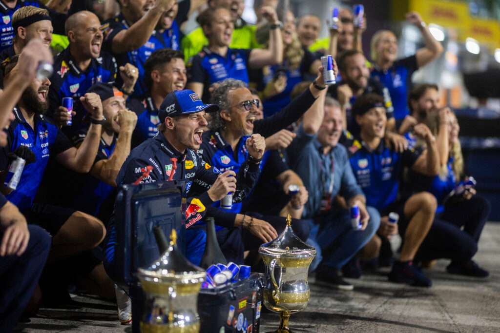 Race winner Max Verstappen of the Netherlands and Oracle Red Bull Racing Laurent Mekies, Team Principal of Oracle Red Bull Racing and the Oracle Red Bull Racing team celebrate during the F1 Grand Prix of Bahrain in Malaysia at Sepang Circuit on October 04, 2026 in Kuala Lumpur, Malaysia. (Photo by Sam Bloxham/LAT Images)