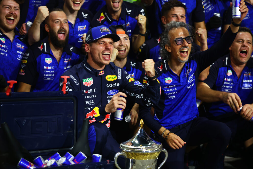 KUALA LUMPUR, MALAYSIA - OCTOBER 04: Race winner Max Verstappen of the Netherlands and Oracle Red Bull Racing Laurent Mekies, Team Principal of Oracle Red Bull Racing and the Oracle Red Bull Racing team celebrate during the F1 Grand Prix of Bahrain in Malaysia at Sepang Circuit on October 04, 2026 in Kuala Lumpur, Malaysia. (Photo by Joe Portlock/LAT Images)
