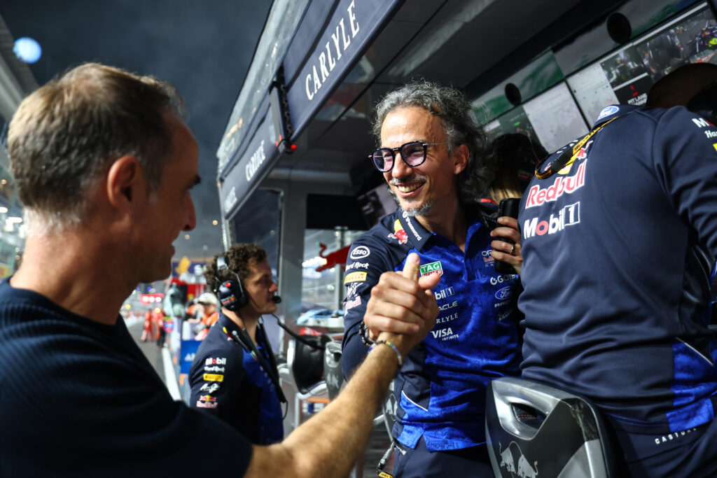 Ahmet Mercan, Global Head of Motorsports CP at Red Bull and Laurent Mekies, Team Principal of Oracle Red Bull Racing celebrate on the pitwall during the F1 Grand Prix of Singapore at Marina Bay Street Circuit on October 11, 2026 in Singapore, Singapore. (Photo by Mark Thompson/Getty Images)