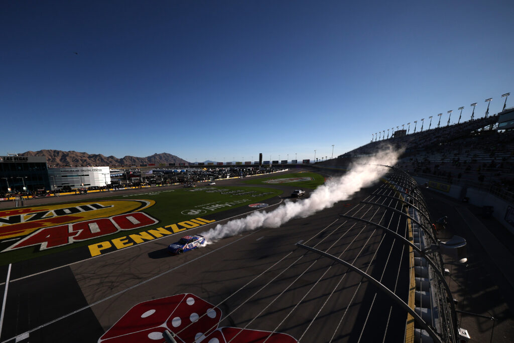 LAS VEGAS, NEVADA - MARCH 14: Kyle Larson, driver of the #88 HendrickCars.com Chevrolet, celebrates with a burnout after winning the NASCAR O'Reilly Auto Parts Series The LiUNA! at Las Vegas Motor Speedway on March 14, 2026 in Las Vegas, Nevada. (Photo by Chris Graythen/Getty Images)